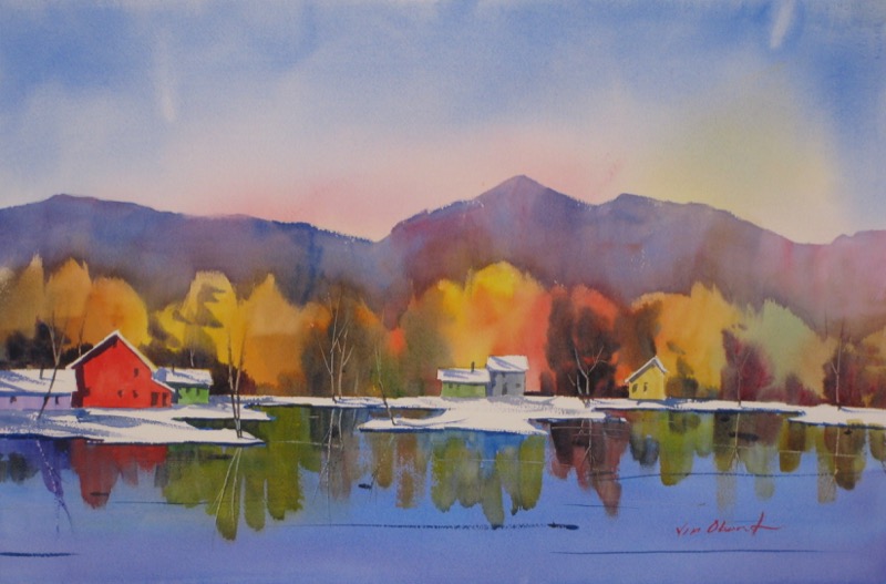 landscape lake autumn fall snow original watercolor painting oberst